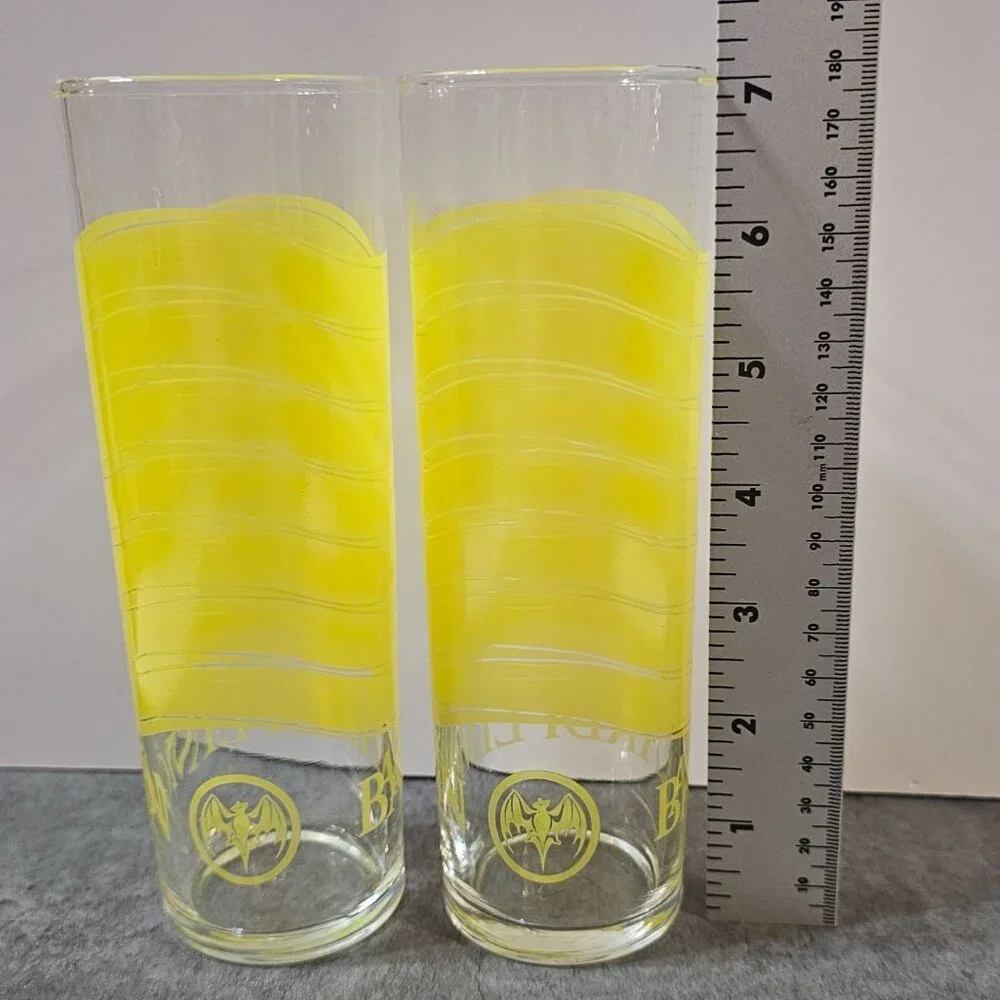 Vintage Set of 2 Bacardi Limón Rum Tall Yellow Clear Glasses Distillary Barware